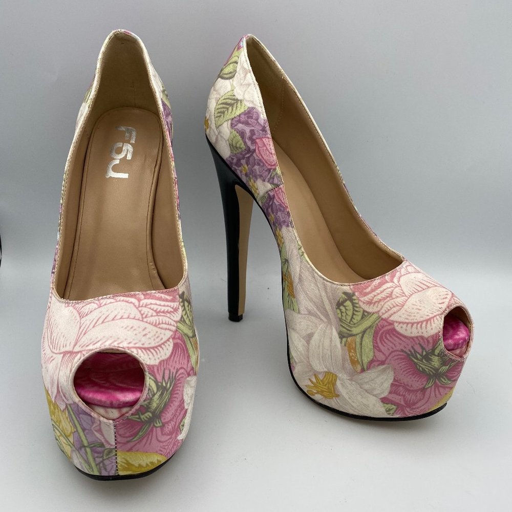 FSJ Floral Heel Peep Toe Chunky Heel Platform Pump
